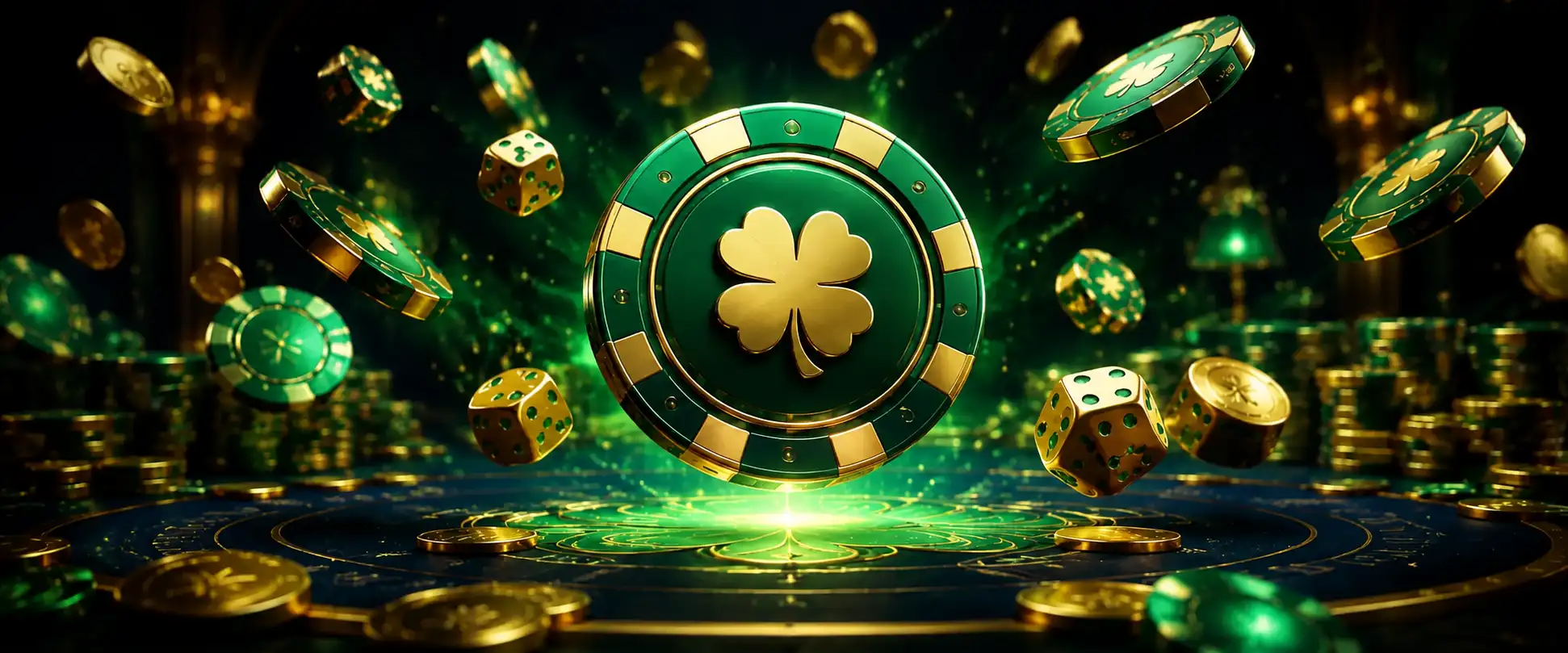 Emerald and gold casino chips, coins and dice